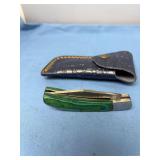 Folding Pocket Knife with Damascus Steel Blade and Green Wood Handle with Leather Sheath
