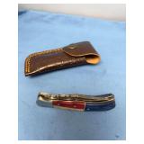 Folding Pocket Knife with Pattern Welded Damascus Steel Blade and Multi-Color Handle with Leather Sheath