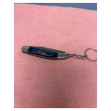 Miniature Folding Pocket Knife Keychain with Pattern Welded Blade and Blue Scale Handle