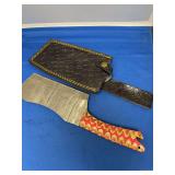 Damascus Steel Cleaver Knife with Red Patterned Handle and Leather Sheath