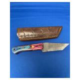 Custom Fixed Blade Knife with Multicolored Wood Handle and Leather Sheath