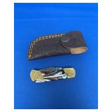 Folding Pocket Knife with Damascus Steel Blade and Sheath