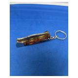 Folding Pocket Knife Keychain with Pattern Welded Damascus Blade and Wood Grain Handle