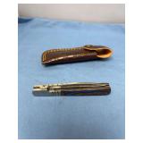 Custom Folding Pocket Knife with Damascus Steel Blade and Leather Sheath