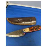 Custom Fixed Blade Damascus Knife with Multi-Material Handle and Leather Sheath