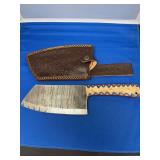 Damascus Steel Kitchen Cleaver with Patterned Handle and Leather Sheath