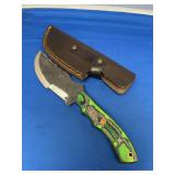Custom Hand Forged File Knife with Green Pakkawood Handle and Leather Sheath
