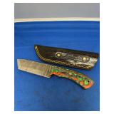 Custom Damascus Fixed Blade Knife with Multicolored Wood Handle and Leather Sheath