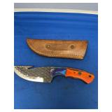 Custom Gut Hook Fixed Blade Knife with Leather Sheath and Multicolored Handle