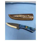 Custom Forged File Blade Knife with Blue Pearlescent Handle and Leather Sheath