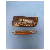 Folding Pocket Knife with Damascus Steel Blade and Leather Sheath