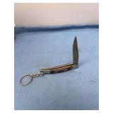 Damascus Blade Folding Pocket Knife Keychain with Purple and Wood Tone Handle