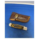 Folding Pocket Knife with Damascus Steel Blade and Leather Sheath