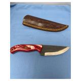Custom File Knife with Red and White Swirl Handle and Leather Sheath