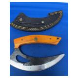 Custom Curved Blade Knife with Wooden Handle and Leather Sheath