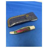Folding Pocket Knife with Damascus Steel Blade and Leather Sheath
