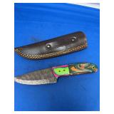 Custom Fixed Blade Knife with Pattern Welded Damascus Steel Blade and Multicolored Resin and Wood Handle