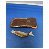 Custom Fish-Shaped Folding Pocket Knife with Damascus Steel Blade and Leather Sheath