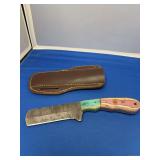 Damascus Steel Fixed Blade Knife with Multicolored Wood Handle and Leather Sheath
