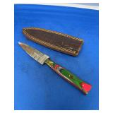 Damascus Steel Fixed Blade Knife with Multicolored Wood Handle and Leather Sheath