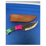 Custom File Blade Gut Hook Knife with Pink and Green Handle and Leather Sheath