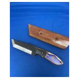 Custom Forged File Blade Knife with Multi-Tone Wood Handle and Leather Sheath