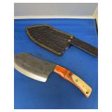 Custom Forged Rasp Blade Cleaver with Multi-Color Wood Handle and Leather Sheath