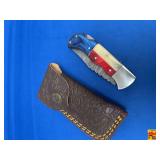 Folding Pocket Knife with Damascus Steel Blade and Patriotic Handle with Leather Sheath