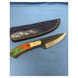 Custom Handcrafted Rasp Blade Fixed Knife with Multi-Colored Wood Handle and Leather Sheath