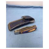 Damascus Steel Pocket Knife with Colored Wood Handle and Leather Sheath