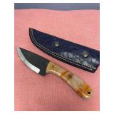 Custom File Blade Fixed Knife with Swirled Acrylic Handle and Blue Leather Sheath