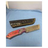 Custom Damascus Blade Knife with Multi-Color Wood Handle and Leather Sheath