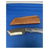 Custom Forged File Blade Knife with Blue Wood Handle and Leather Sheath