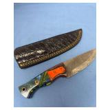 Custom Damascus Fixed Blade Knife with Multi-Material Handle and Leather Sheath