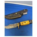 Damascus Steel Fixed Blade Knife with Wood and Stacked Handle and Leather Sheath