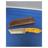 Damascus Steel Fixed Blade Knife with Carved Wood Handle and Leather Sheath