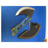 Custom Hand Forged Mini Hatchet with Blue Stabilized Wood Handle and Leather Sheath