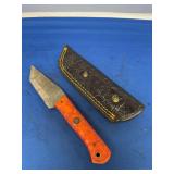Custom Damascus Fixed Blade Knife with Red and Orange Wooden Handle and Leather Sheath