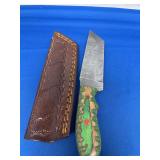 Custom Fixed Blade Damascus Knife with Green and Wood Handle and Leather Sheath
