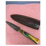 Custom Damascus Fixed Blade Knife with Multi-Color Stabilized Wood Handle and Leather Sheath