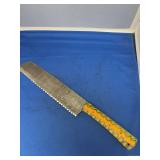 Damascus Steel Bread Knife with Multicolored Patterned Wooden Handle