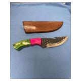 Custom Fixed Blade Knife with Gut Hook, Textured Blade, and Two-Tone Resin Handle with Leather Sheath