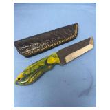 Custom File Blade Knife with Swirled Resin Handle and Faux-Alligator Leather Sheath