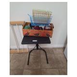 Painted Wooden Box with Watermelon Design, Wire Baskets, and Assorted Hats