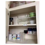 Kitchen Cabinet Contents Including Glassware, Mugs, Storage Containers, and Cake Stand