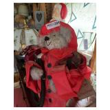 Firefighter Bear Figurine Dressed in Red Coat with Hose and Ax