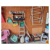 Garage Workshop Content Lot Including Shelf, Ladder, Propane Tanks, PVC Frames, and Tools