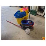 Cleaning Supplies Lot including Rolling Janitorial Cart, O-Cedar Spin Mop, and Buckets