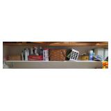 Shelf Lot of Household Items, Cleaning Supplies, and Collectibles