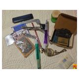 Assorted Collectibles and Memorabilia Lot Including Granger Select Advertising Belt Buckle, American Bowling Congress Award, Milan Quartz Pocket Watch, California Keychain, Santa Claus House Souvenirs